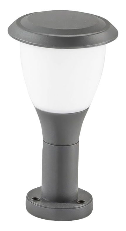 Fabas Luce Pollerleuchte / Wegeleuchte THIAGO Graue Pollerleuchte Fabas Luce THIAGO, seitliche Ansicht, mit rundem Sockel und opalem Lampenschirm.