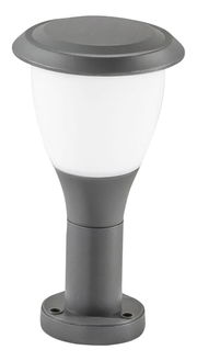 Graue Pollerleuchte Fabas Luce THIAGO, seitliche Ansicht, mit rundem Sockel und opalem Lampenschirm.