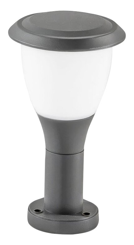 Fabas Luce Pollerleuchte / Wegeleuchte THIAGO Graue Pollerleuchte Fabas Luce THIAGO, seitliche Ansicht, mit rundem Sockel und opalem Lampenschirm.