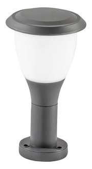 Graue Pollerleuchte Fabas Luce THIAGO, seitliche Ansicht, mit rundem Sockel und opalem Lampenschirm.