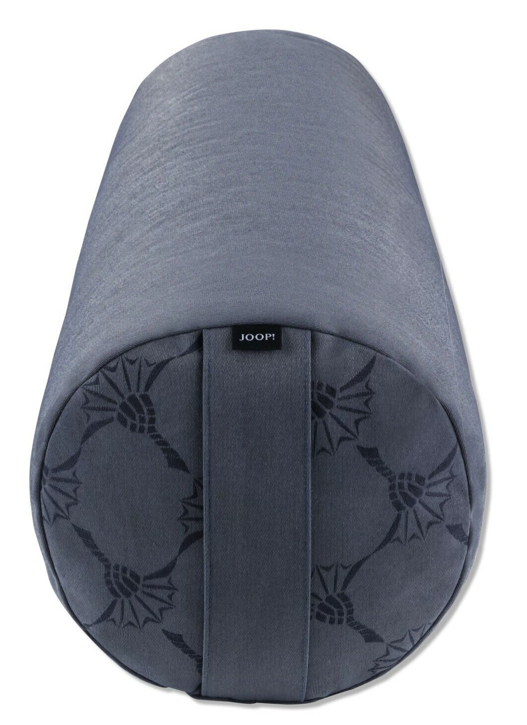 Graue Yogarolle mit floralem Muster, seitliche Perspektive