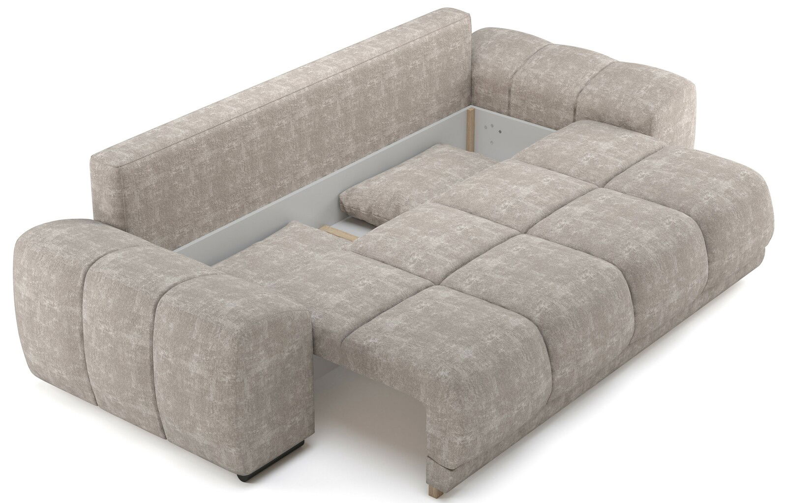 Funktionssofa in beige aus der Vogelperspektive, teilweise ausgeklappt mit Stauraum sichtbar.