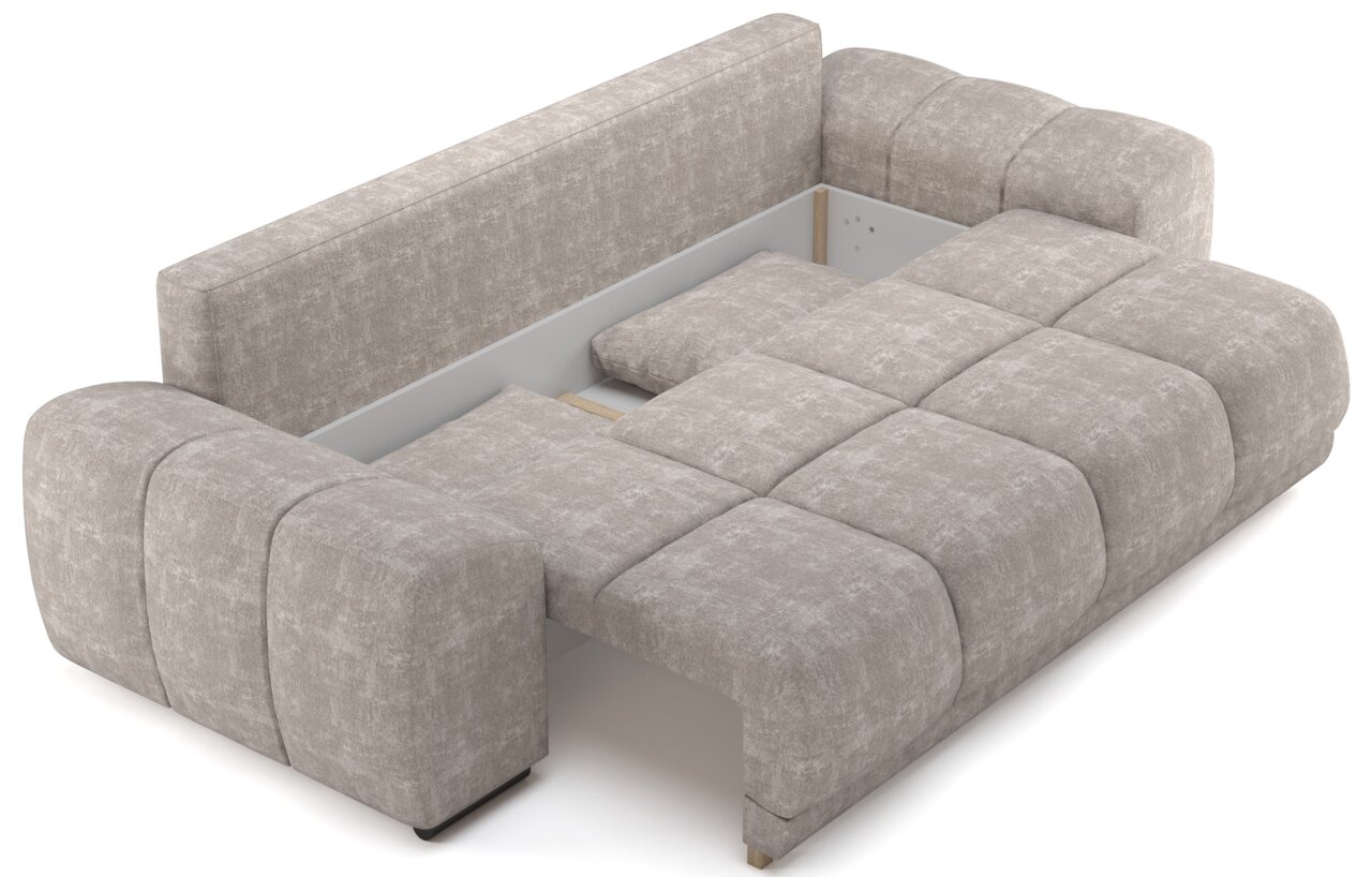 Funktionssofa in beige aus der Vogelperspektive, teilweise ausgeklappt mit Stauraum sichtbar.