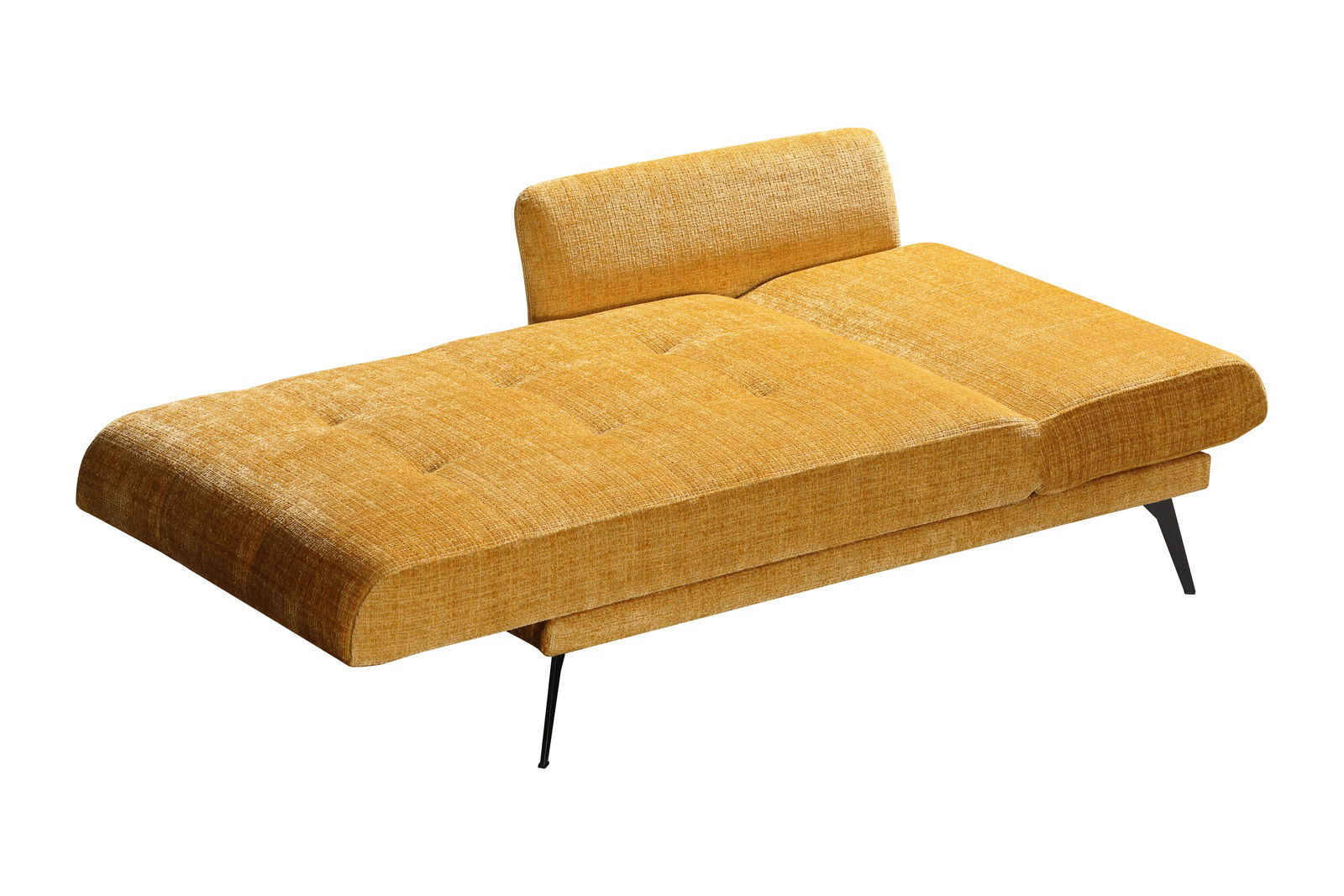 Gelbe Einzelliege mit modernem Design, schräg von oben fotografiert.