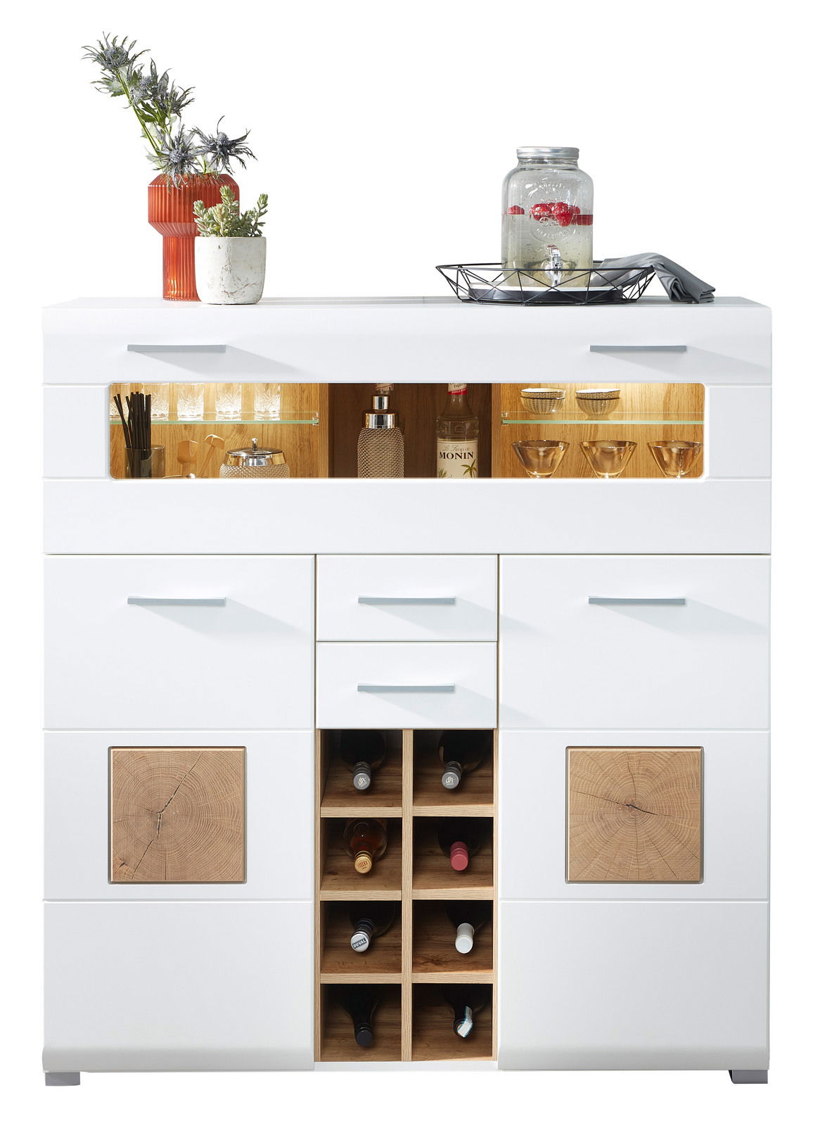 Moderner weißer Barschrank mit Holzdetails, Flaschenregalen und beleuchtetem Gläserfach, frontal abgebildet.