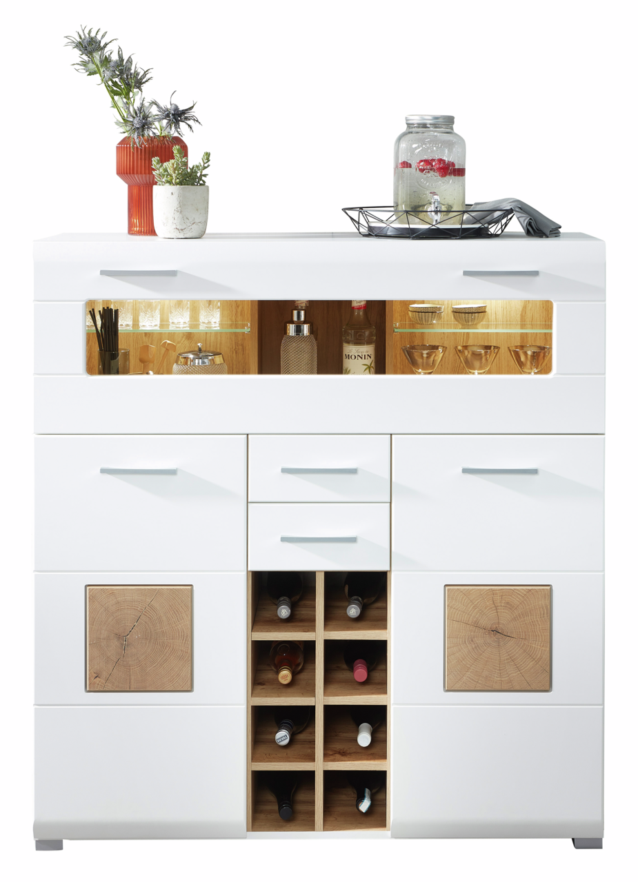 Z2 Barschrank FUN PLUS Moderner weißer Barschrank mit Holzdetails, Flaschenregalen und beleuchtetem Gläserfach, frontal abgebildet.