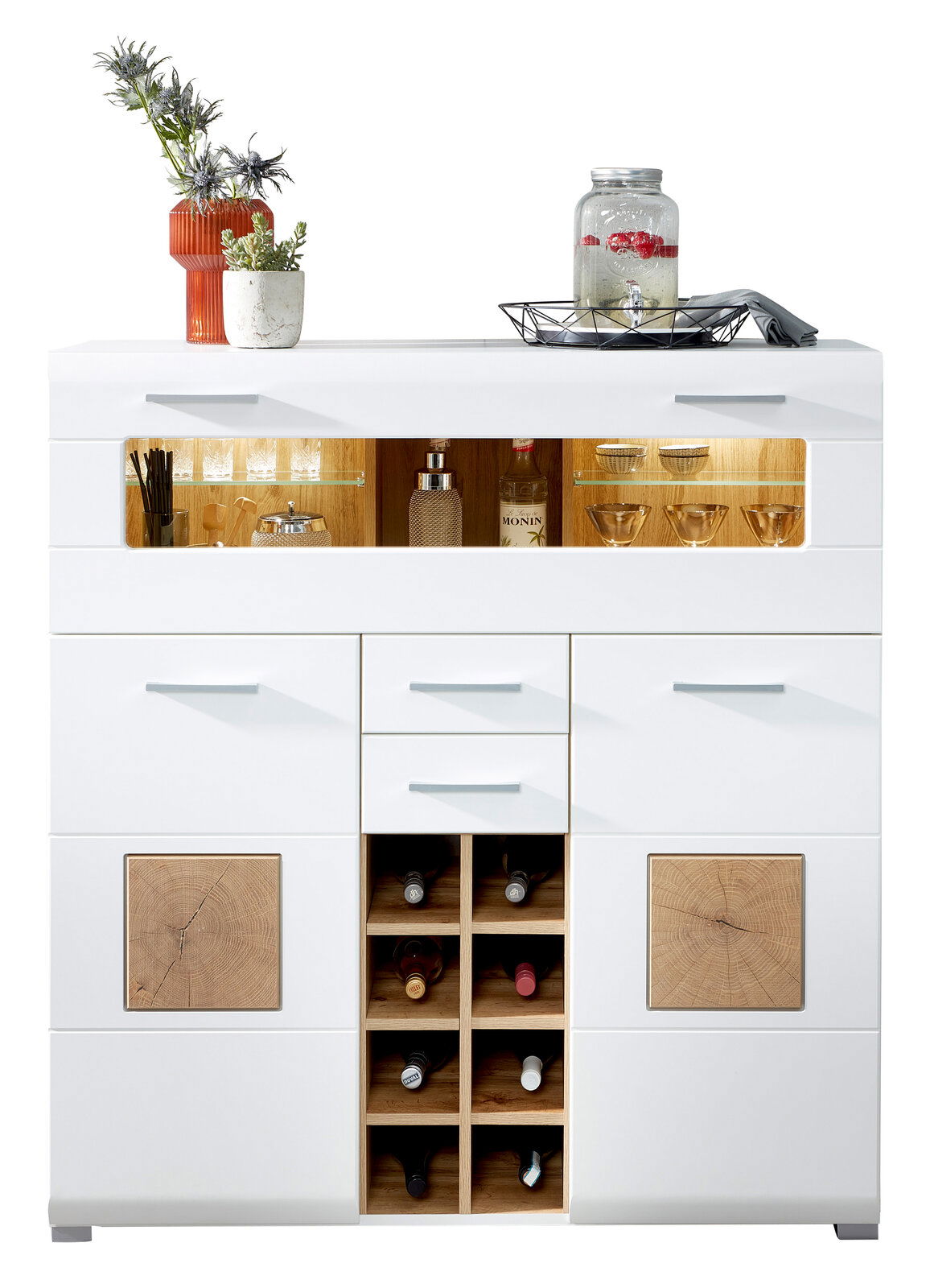 Z2 Barschrank FUN PLUS Moderner weißer Barschrank mit Holzdetails, Flaschenregalen und beleuchtetem Gläserfach, frontal abgebildet.