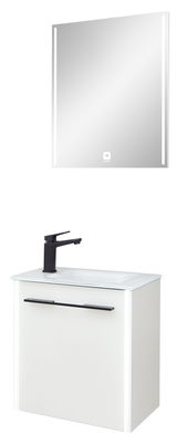 Moderne Badezimmermöbelkombination mit Spiegel und Waschbeckenunterschrank, Frontalansicht.