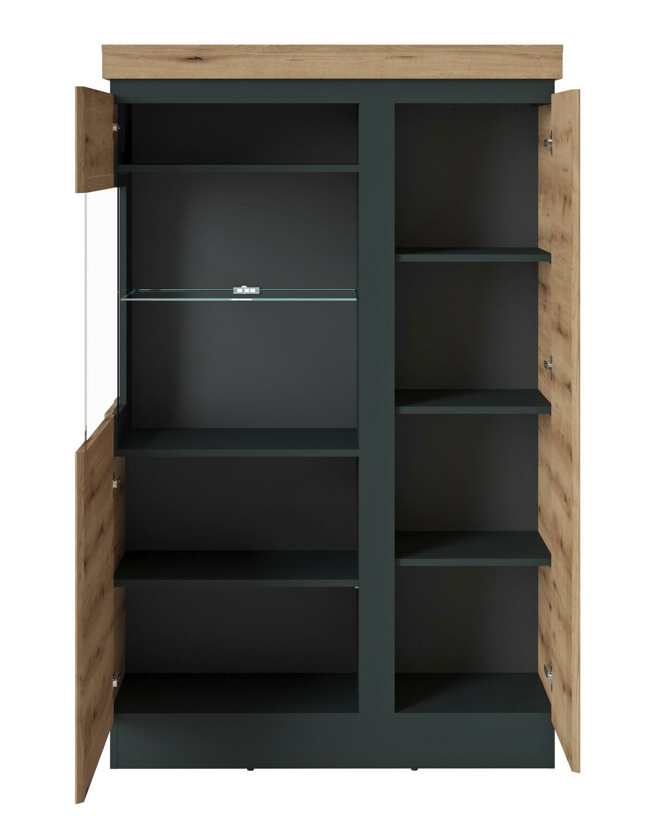 Frontansicht einer Highboardvitrine mit offenen Holztüren und mehreren Regalböden in dunklem Holz und Glas.