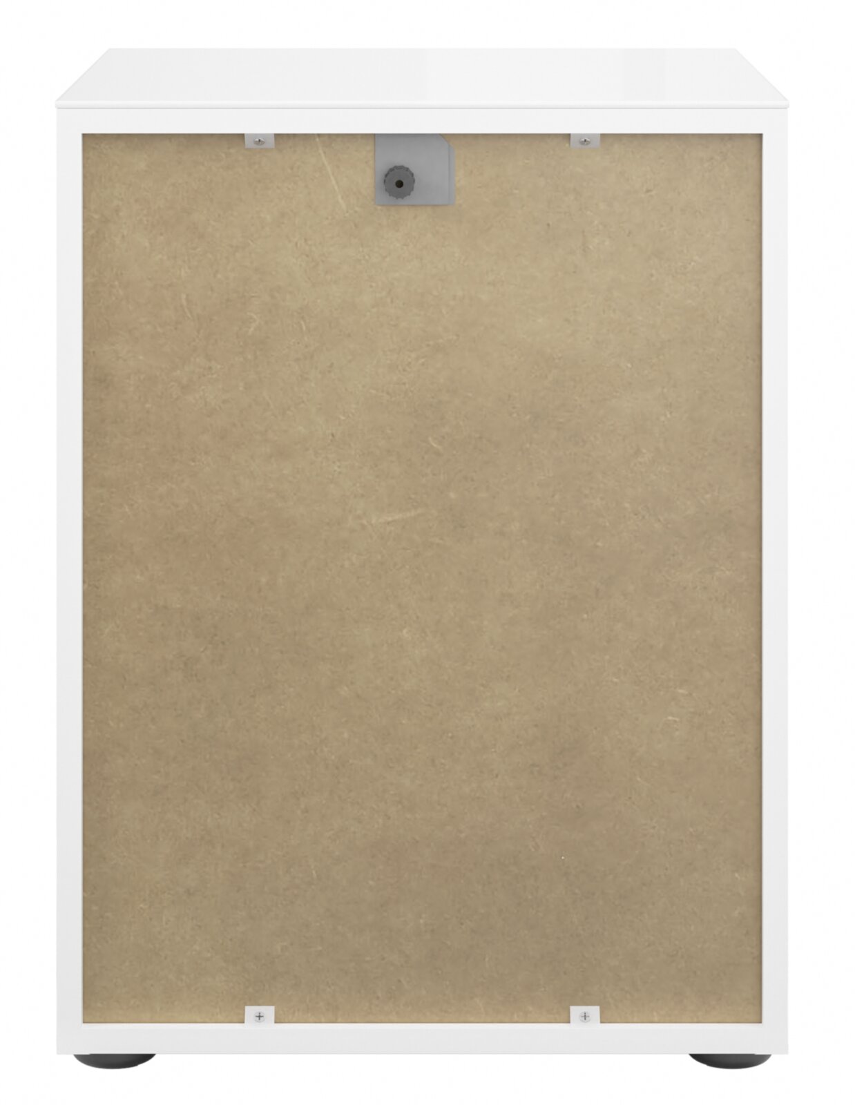 Rückansicht einer weißen Nachtkommode mit einer Rückwand aus Holzfaserplatte.