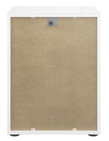 Rückansicht einer weißen Nachtkommode mit einer Rückwand aus Holzfaserplatte.