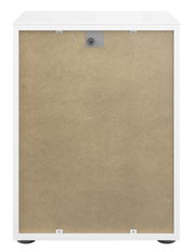 Rückansicht einer weißen Nachtkommode mit einer Rückwand aus Holzfaserplatte.