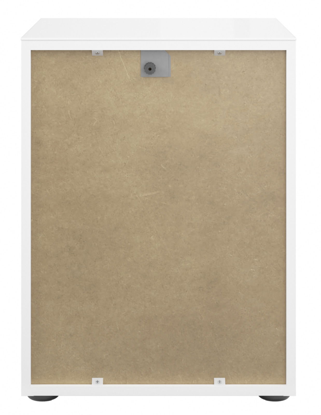 Rückansicht einer weißen Nachtkommode mit einer Rückwand aus Holzfaserplatte.