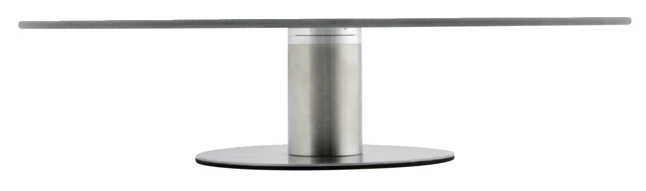 Moderne Tortenplatte aus Metall mit zylindrischem Sockel, seitliche Perspektive