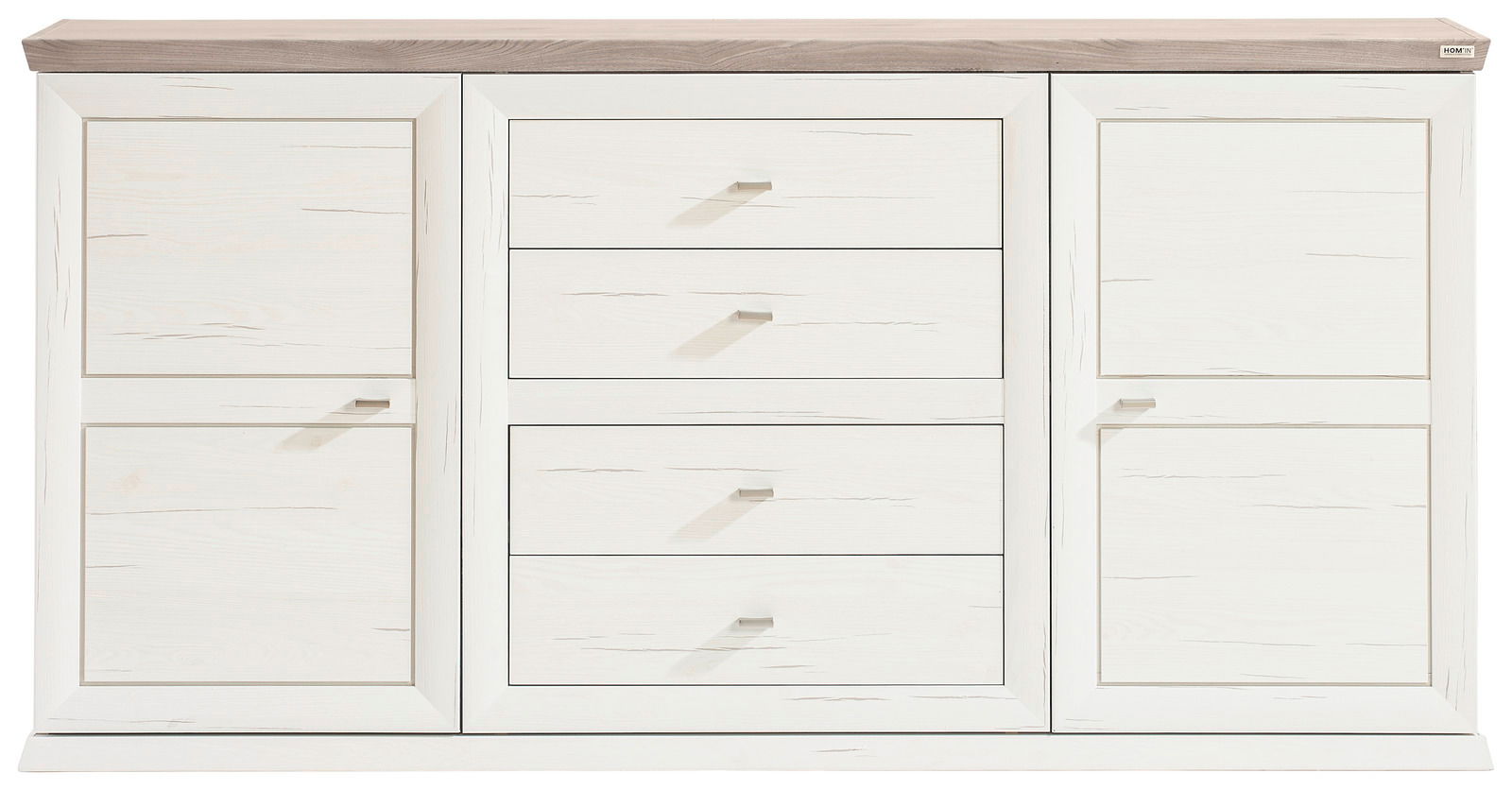 Weißes Sideboard mit zwei Türen und vier Schubladen, frontal betrachtet