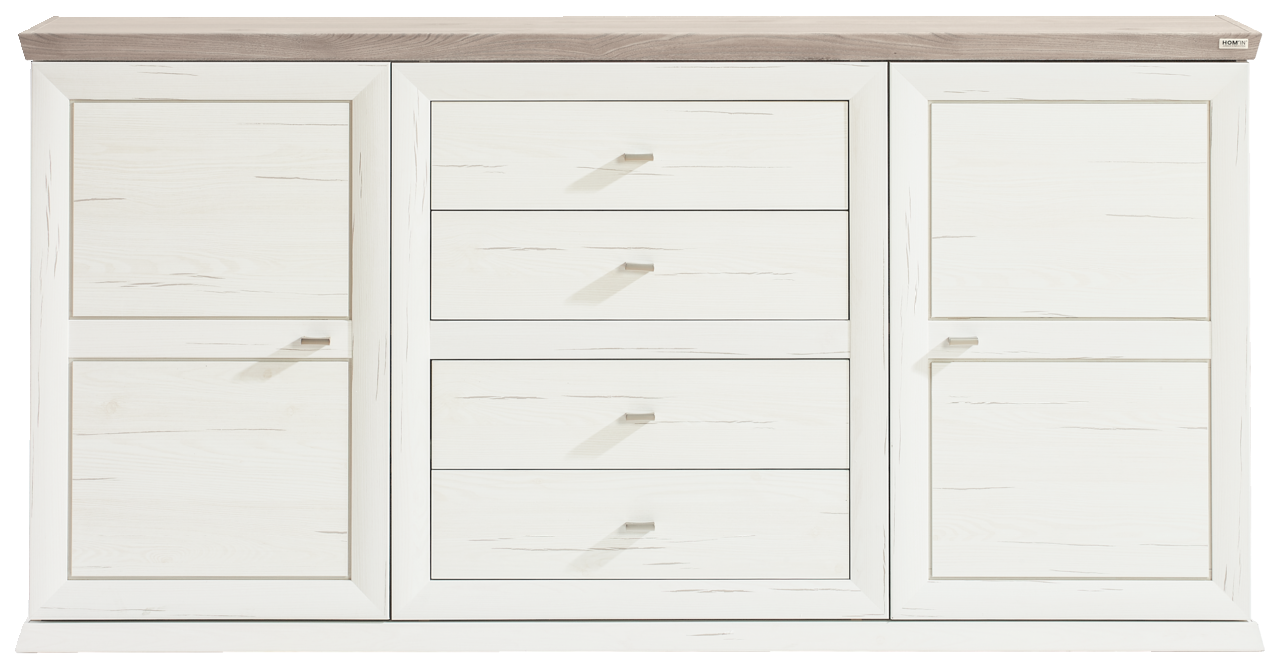 Weißes Sideboard mit zwei Türen und vier Schubladen, frontal betrachtet