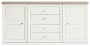 Weißes Sideboard mit zwei Türen und vier Schubladen, frontal betrachtet