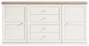 Weißes Sideboard mit zwei Türen und vier Schubladen, frontal betrachtet