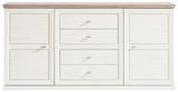 Weißes Sideboard mit zwei Türen und vier Schubladen, frontal betrachtet