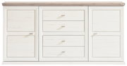 Weißes Sideboard mit zwei Türen und vier Schubladen, frontal betrachtet