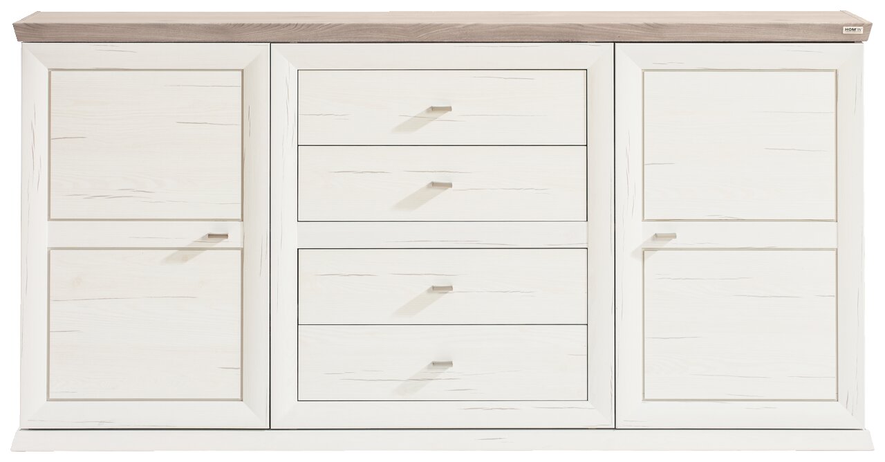 Weißes Sideboard mit zwei Türen und vier Schubladen, frontal betrachtet