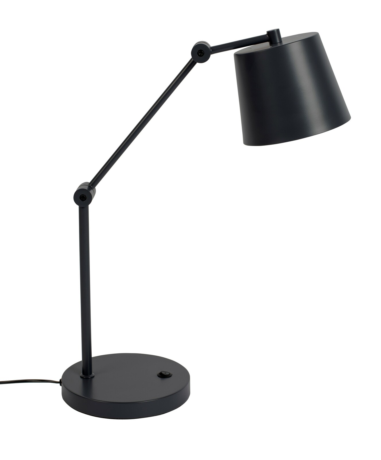 Schwarze Schreibtischleuchte mit verstellbarem Arm, seitliche Perspektive