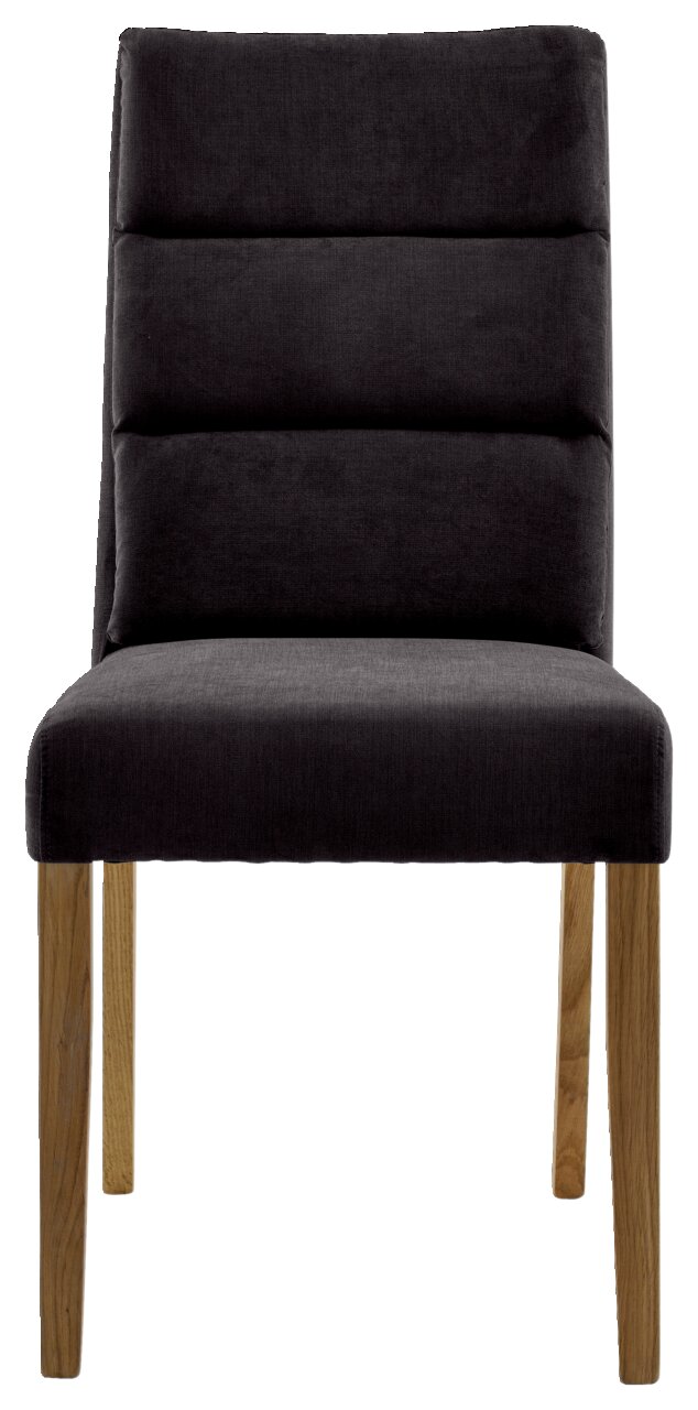 Moderner Stuhl mit schwarzem, gepolstertem Sitz und Rückenlehne, sowie Holzbeinen, Frontalansicht.