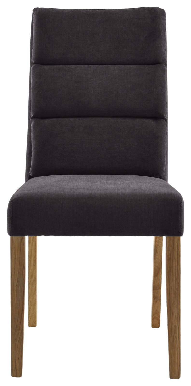 Moderner Stuhl mit schwarzem, gepolstertem Sitz und Rückenlehne, sowie Holzbeinen, Frontalansicht.