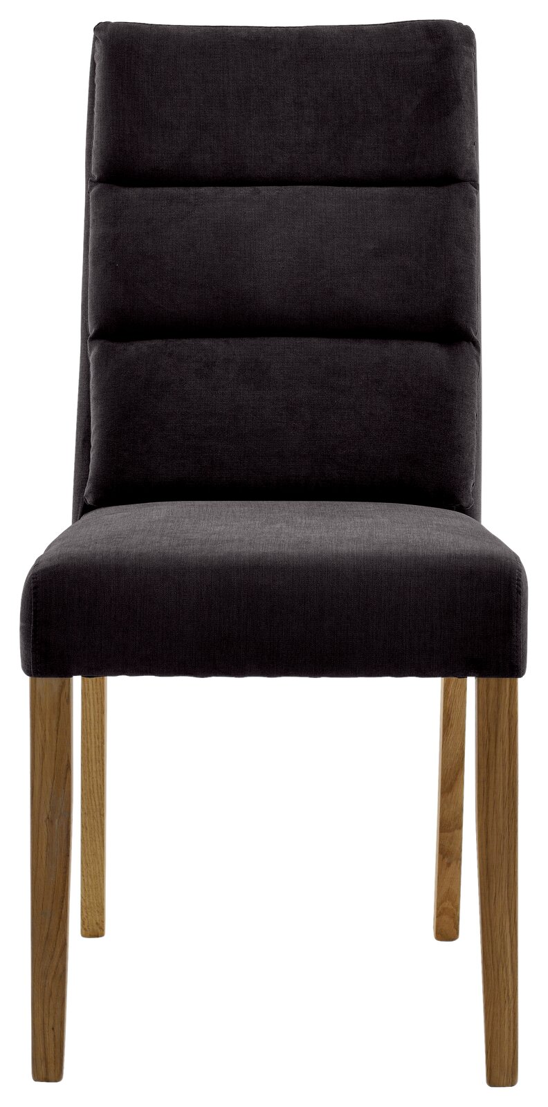 Moderner Stuhl mit schwarzem, gepolstertem Sitz und Rückenlehne, sowie Holzbeinen, Frontalansicht.