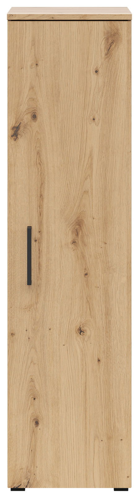 Frontansicht eines Mehrzweckschranks mit Holzoptik und schwarzem Griff.