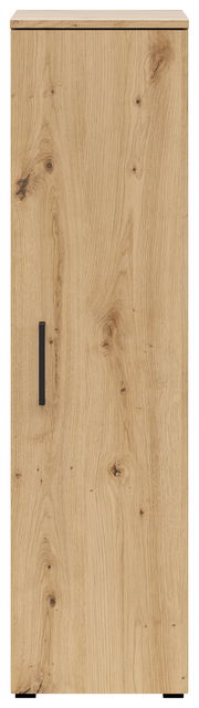 Frontansicht eines Mehrzweckschranks mit Holzoptik und schwarzem Griff.