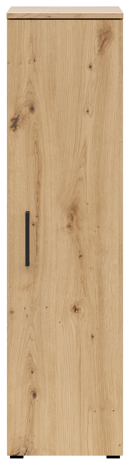 Frontansicht eines Mehrzweckschranks mit Holzoptik und schwarzem Griff.