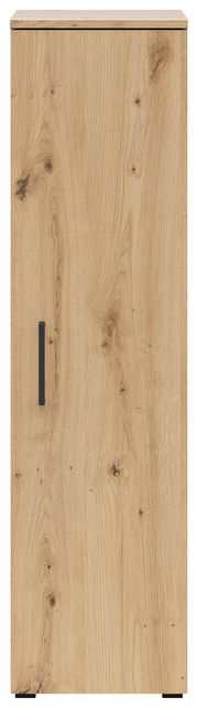 Frontansicht eines Mehrzweckschranks mit Holzoptik und schwarzem Griff.