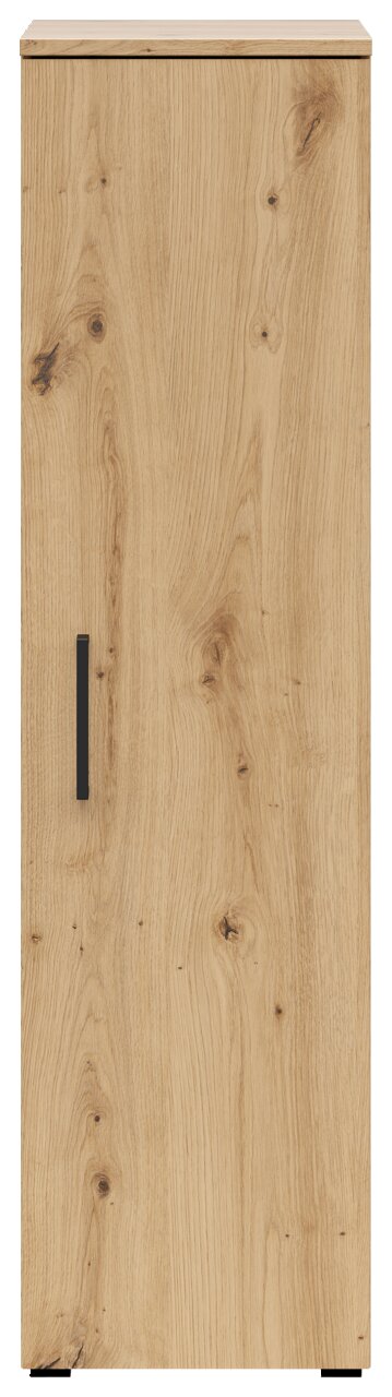 Frontansicht eines Mehrzweckschranks mit Holzoptik und schwarzem Griff.