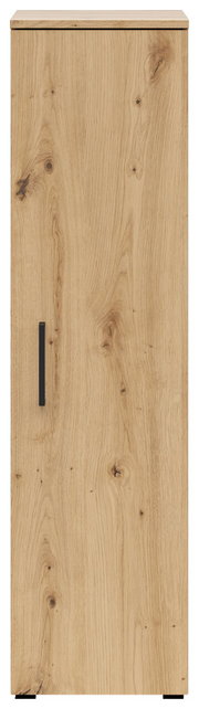 Frontansicht eines Mehrzweckschranks mit Holzoptik und schwarzem Griff.