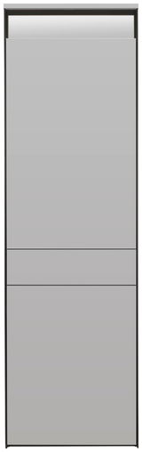 Frontansicht eines modernen, grauen Garderobenschranks mit klaren Linien und minimalistischer Gestaltung.