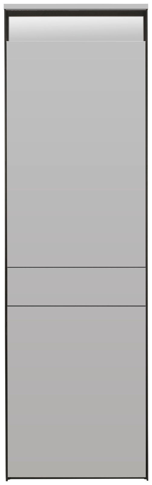 Frontansicht eines modernen, grauen Garderobenschranks mit klaren Linien und minimalistischer Gestaltung.