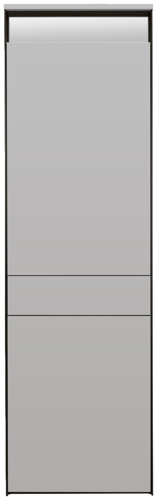 Frontansicht eines modernen, grauen Garderobenschranks mit klaren Linien und minimalistischer Gestaltung.
