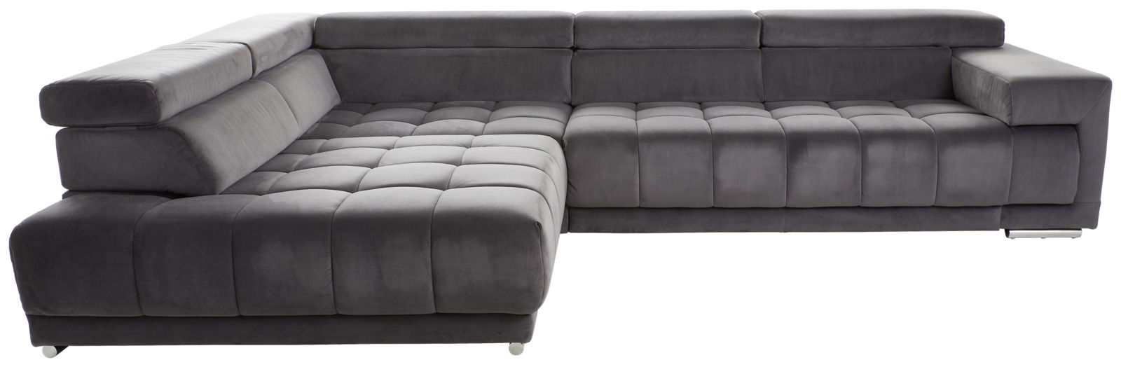 Graues Ecksofa Beldomo Speed SPLIFF S in Frontalansicht mit Polsterrundecke und modernem Design.