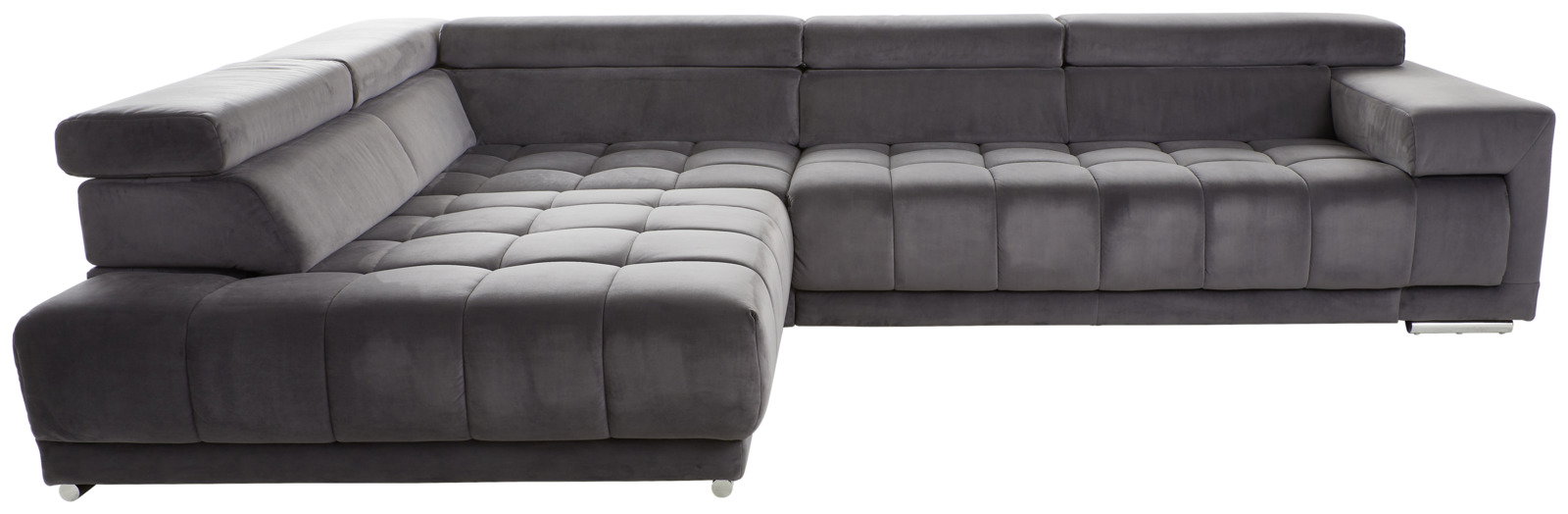 Graues Ecksofa Beldomo Speed SPLIFF S in Frontalansicht mit Polsterrundecke und modernem Design.