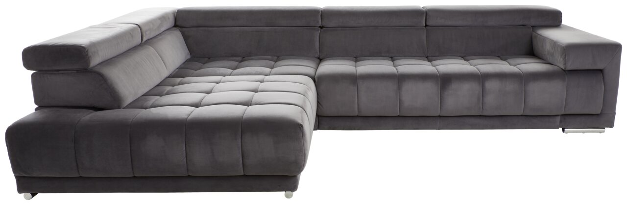 Graues Ecksofa Beldomo Speed SPLIFF S in Frontalansicht mit Polsterrundecke und modernem Design.