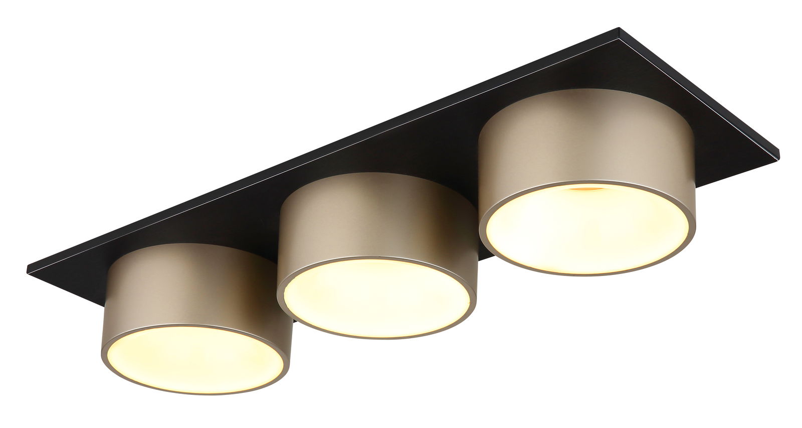 Moderne Deckenleuchte mit drei zylindrischen, goldfarbenen Lampenschirmen, seitliche Perspektive