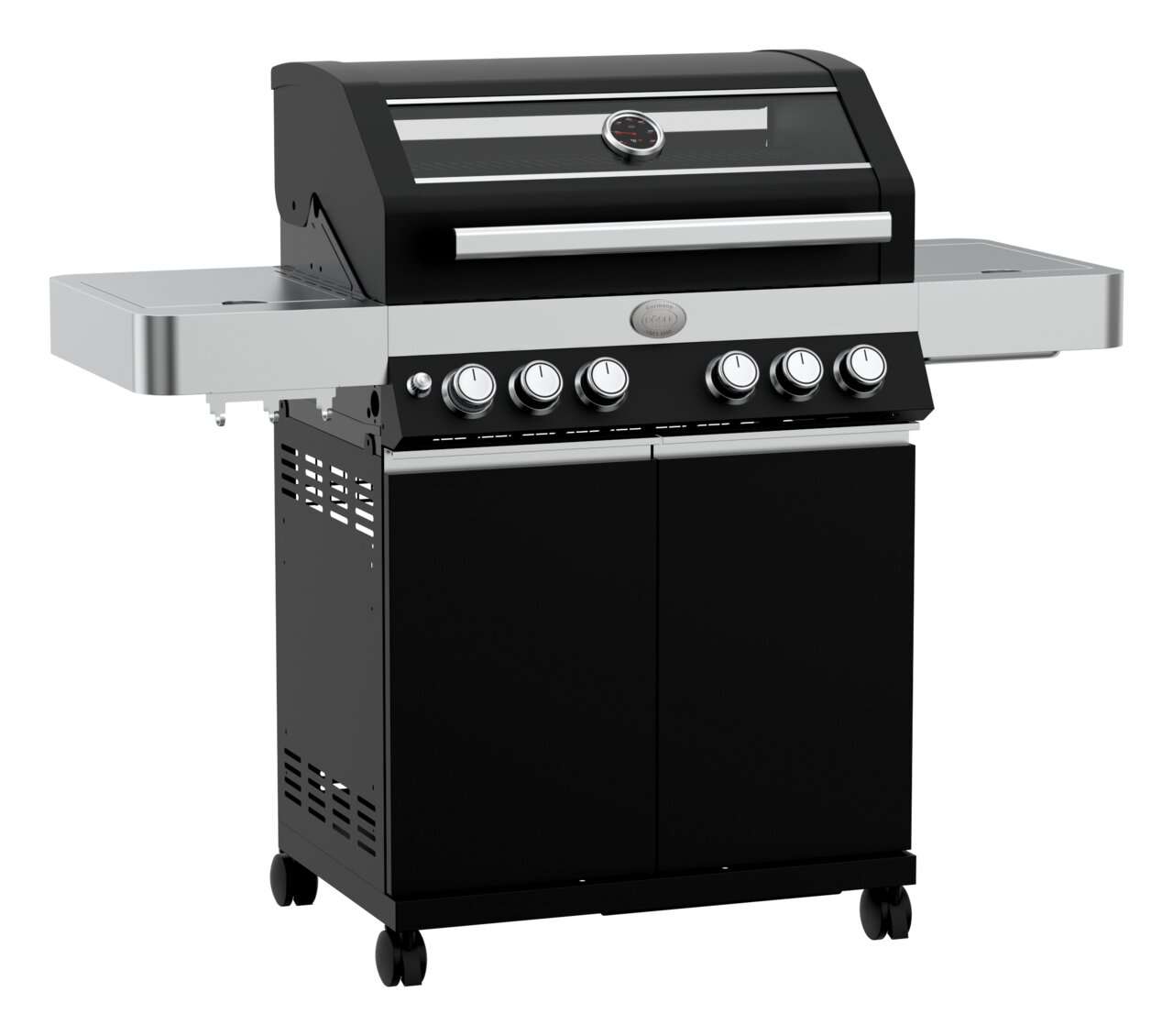Schwarzer Gasgrill mit Edelstahl-Seitenablagen, Deckelthermometer, fünf Drehreglern und Unterschrank auf Rollen, in frontaler leicht schräger Perspektive