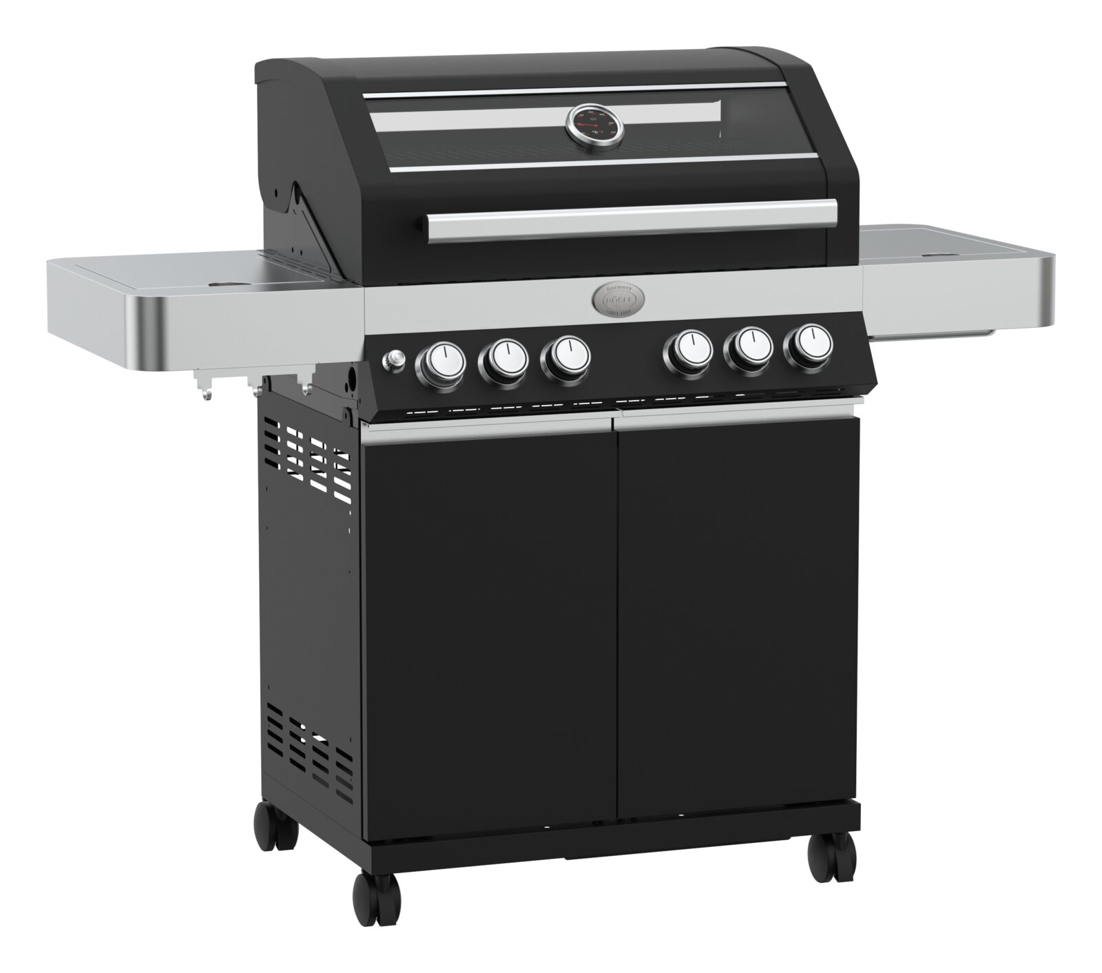 Schwarzer Gasgrill mit Edelstahl-Seitenablagen, Deckelthermometer, fünf Drehreglern und Unterschrank auf Rollen, in frontaler leicht schräger Perspektive