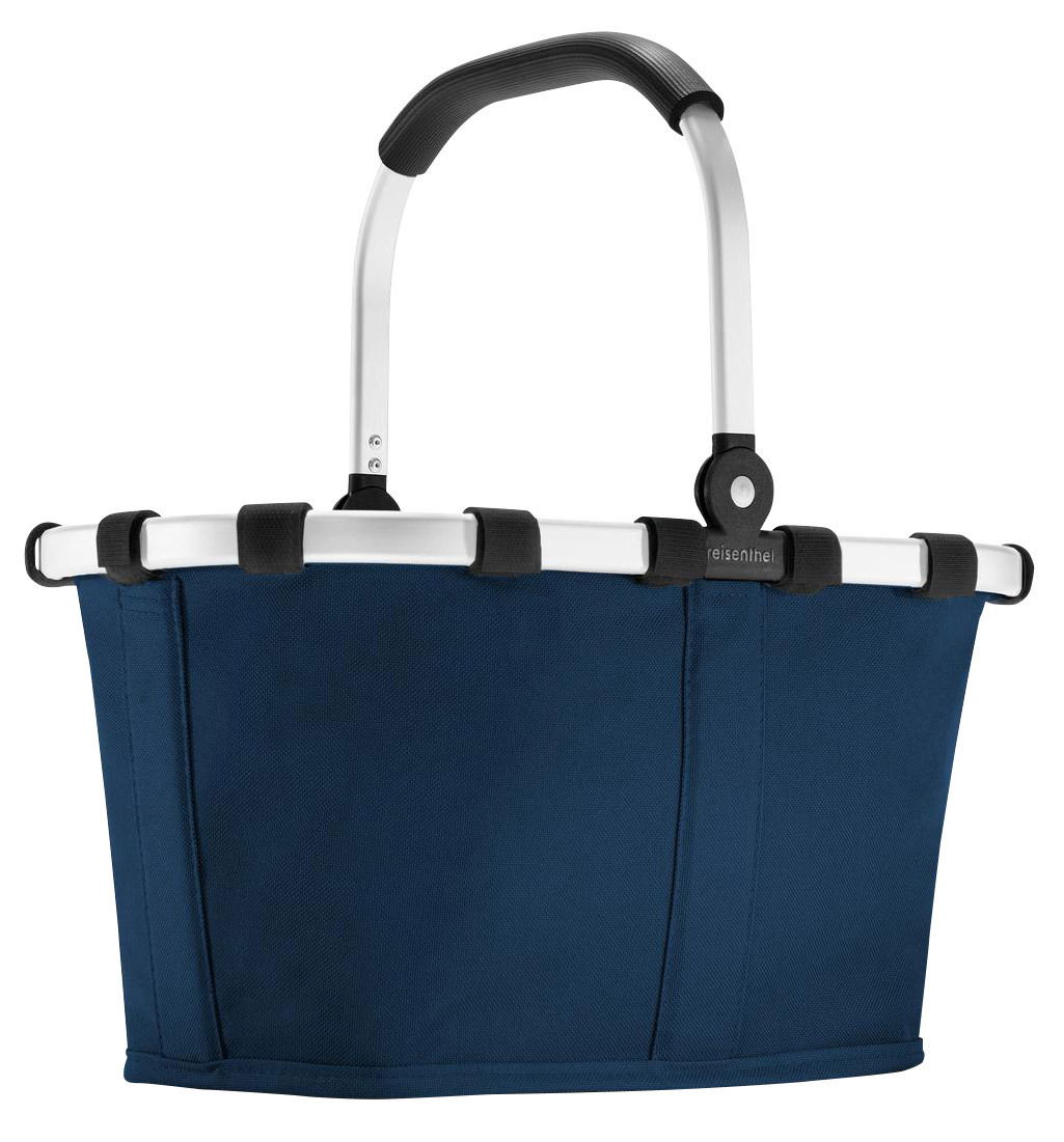 Dunkelblauer Einkaufskorb mit Aluminiumgriff, seitliche Perspektive