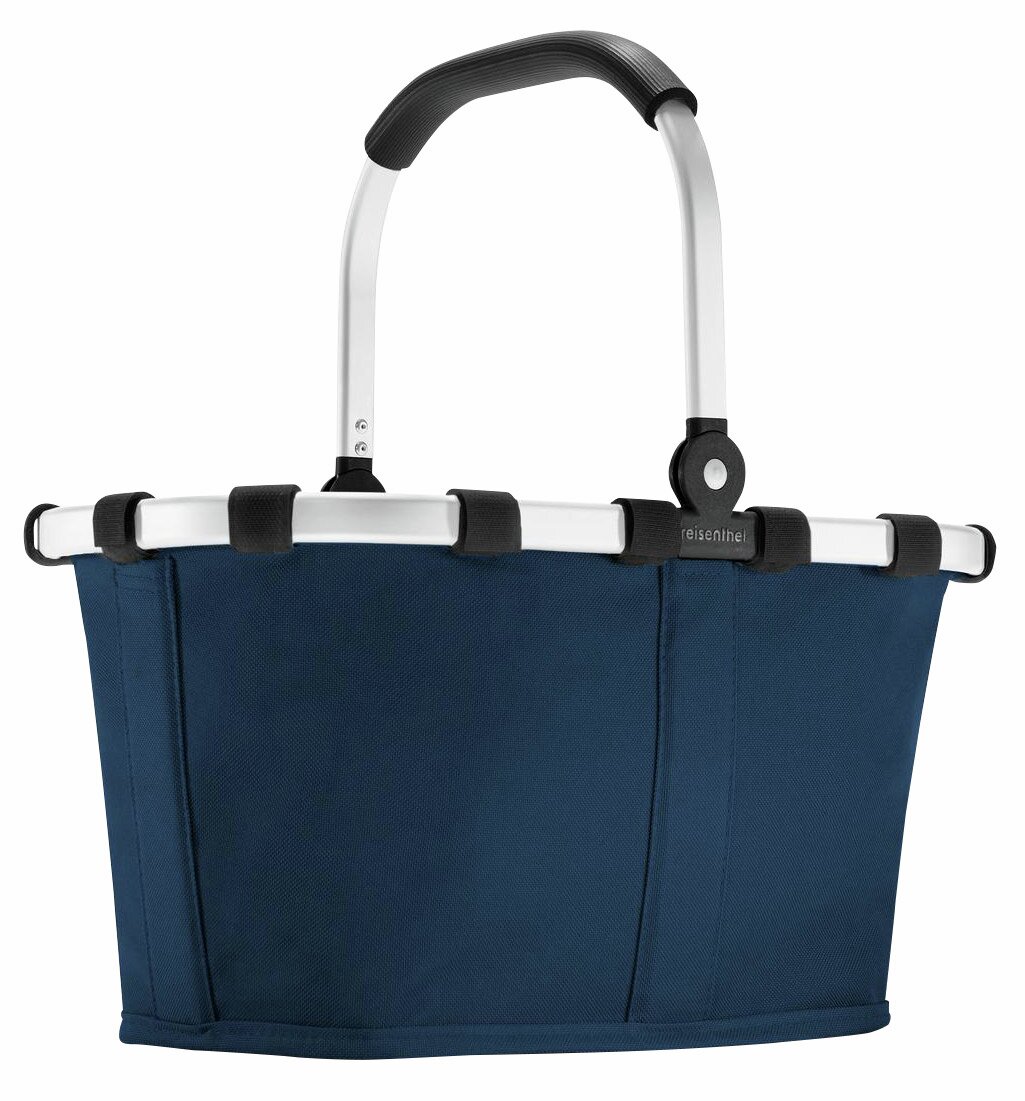 Dunkelblauer Einkaufskorb mit Aluminiumgriff, seitliche Perspektive