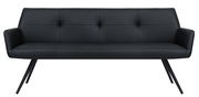 Schwarze moderne Bank mit Armlehnen und schrägen Beinen, Vorderansicht