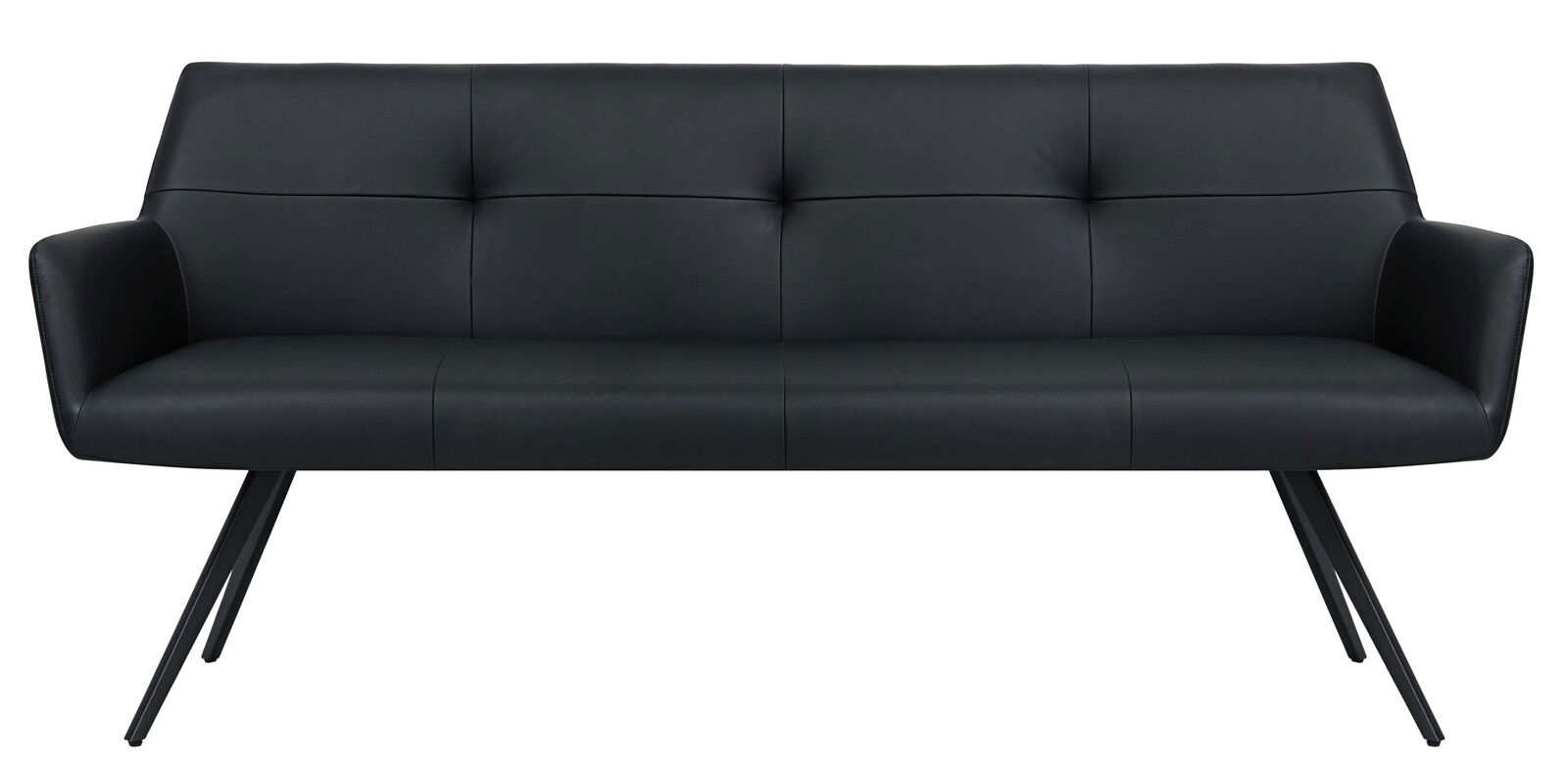 Schwarze moderne Bank mit Armlehnen und schrägen Beinen, Vorderansicht
