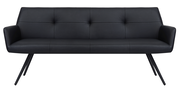 Schwarze moderne Bank mit Armlehnen und schrägen Beinen, Vorderansicht
