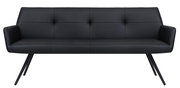 Schwarze moderne Bank mit Armlehnen und schrägen Beinen, Vorderansicht
